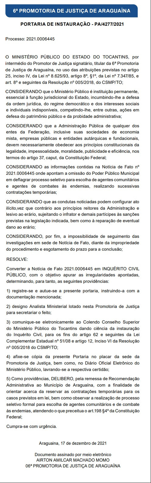 Portaria de instauração do inquérito 