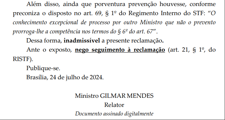Ministro Gilmar Mendes nega pedido do prefeito de Axixá do Tocantins