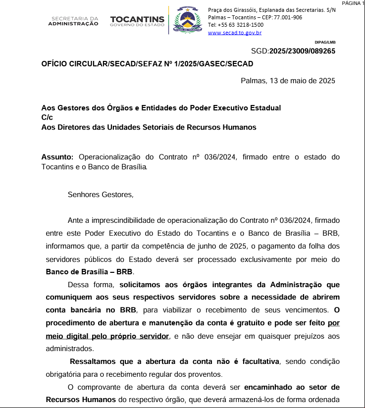 Ofício circular com orientações sobre a abertura obrigatória de contas no BRB