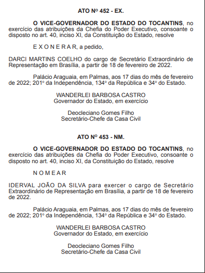 Exoneração de Darci Martins e nomeação de Iderval João 